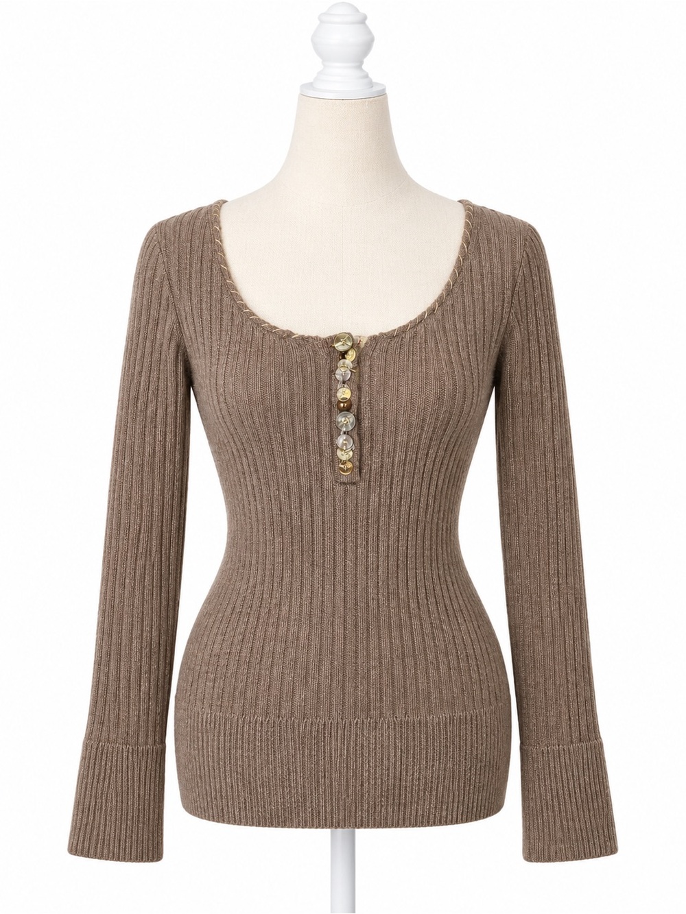 Free People XS Brown Wool Blend Ribbed Henley Sweater Y2K Boho Long Sleeve